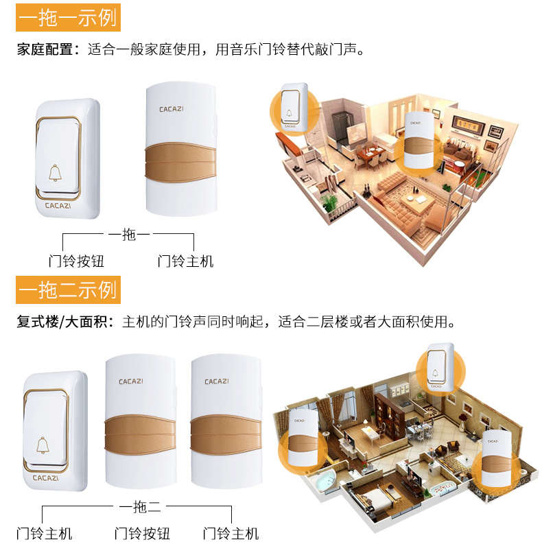 卡佳斯无线家用门铃一拖二一防水远距离遥控 智能电子 老人呼叫器