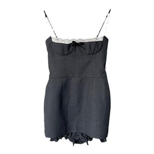 TE shushu蕾丝边饰混纺拼接双层吊带连衣裙蝴蝶结收腰显瘦A字裙子