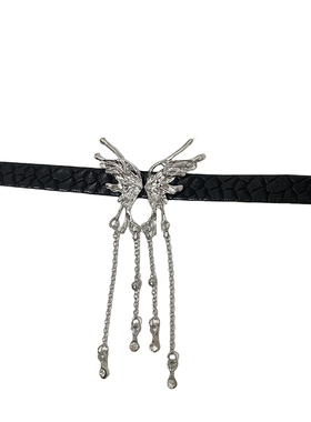 暗黑蝴蝶流苏黑色皮革项链甜酷辣妹颈链朋克choker项圈高级感配饰