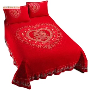 婚庆全棉床盖三件套床罩纯棉床裙2026年新款绗缝被高级红色结婚用