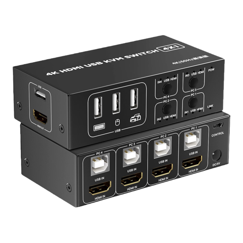睿稳 KVM切换器2.0 HDMI切屏器键盘鼠标显示器4进1出4K/60Hz USB打印机共享器 四台电脑共享1台显示器