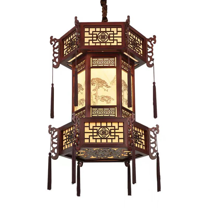 中式实木宫灯仿古羊皮吊灯宫廷别墅酒店古风寺庙长廊凉亭六角灯笼