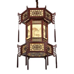 中式实木宫灯仿古羊皮吊灯宫廷别墅酒店古风寺庙长廊凉亭六角灯笼