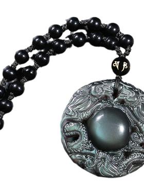 黑曜石双龙护主吊坠龙年挂坠项链