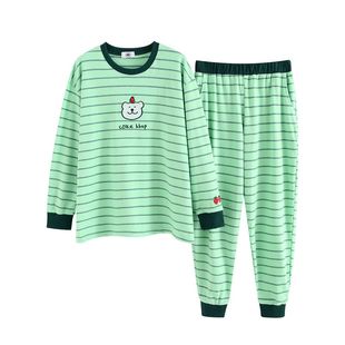 春季新款小熊条纹睡衣女长袖纯棉可爱休闲圆领可外穿家居服秋套装