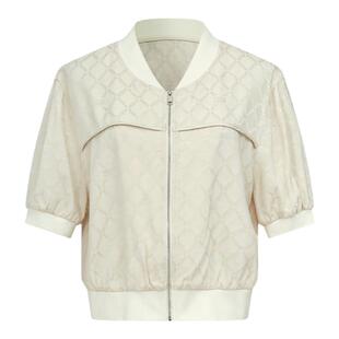 曼德诗立领字母提花短款外套2025夏季新款纯色五分袖百搭休闲上衣