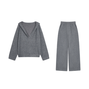 pusumede松弛基调 灰色V领连帽卫衣外套女宽松慵懒休闲阔腿裤套装
