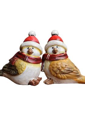 趣味美式风圣诞帽对鸟树脂摆件