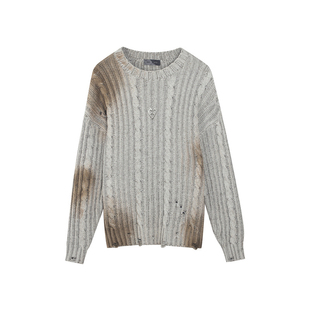 INXXAPYD 复古感破洞圆领绞花毛衣男做旧喷色宽松套头针织衫