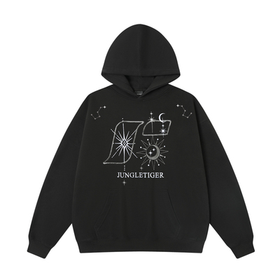 丛林老虎日月星辰刺绣连帽卫衣男