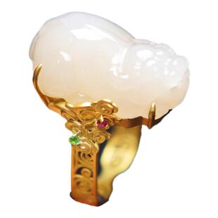 双十一促销价天然和田玉戒指女 羊脂白玉貔貅镶嵌18k黄金指环招财