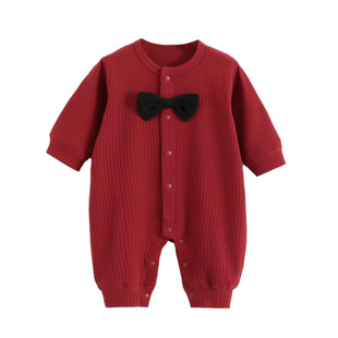 宝宝满月服百日宴周岁男宝礼服春秋套装婴儿小少爷绅士红色连体衣