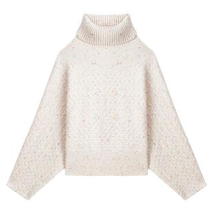 KEIKO 日系绞花彩点白色高领毛衣女25冬季慵懒风灯笼袖针织毛衫