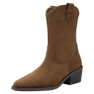 大东女鞋时装靴2025冬季新款美拉德绒面中筒女靴尖头平跟复古通勤