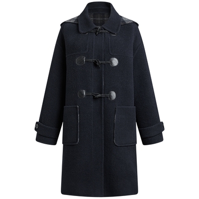 [时光毛呢]KBNE2025冬季新款可拆卸连帽双面呢毛呢外套牛角扣大衣