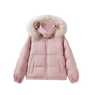 星期六特氟龙三防轻盈高蓬90白鸭绒毛领连帽短款羽绒服保暖外套女