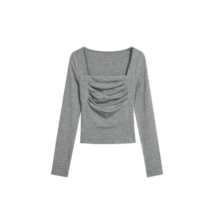 pusumede纯欲天菜 法式方领白色长袖t恤女设计感短款修身锁骨上衣