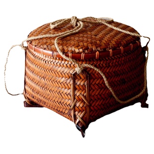 复古竹编箩筐带盖结婚喜事竹筐米箩家用老式收纳筐大号精编竹制品