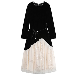 白鹿语气质仿珍珠圆领丝绒裙25秋冬款拼接亮片网纱长款连衣裙女