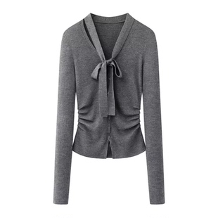 艾诺丝国内代购2026春季新款V领飘带领细闪针织衫毛衣开衫801145