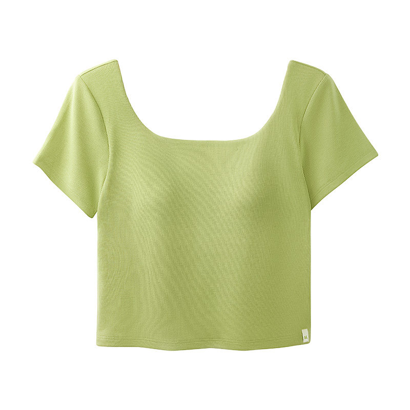 半练罗纹方领短袖T恤女夏季新款纯色显瘦法式短款带胸垫正肩上衣