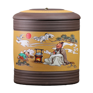 紫砂茶叶罐陶瓷大号宜兴手工国风茶道存储七饼普洱茶饼收纳盒米缸