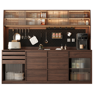 定制实木餐边柜胡桃木色家用靠墙储物柜带洞洞板收纳柜复古茶水柜