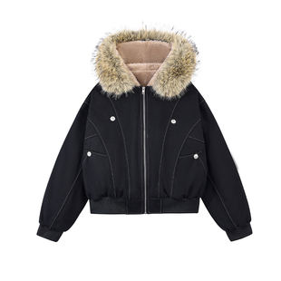美式复古座山雕毛领连帽拉链棉服女秋冬街头宽松休闲保暖短款外套