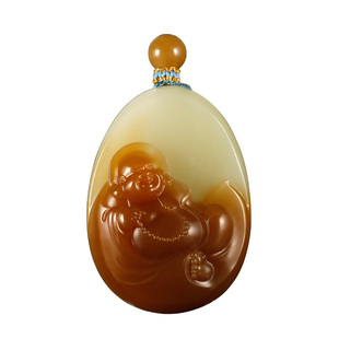 玉友和田玉佛公吊坠女款玉坠糖青白玉大肚弥勒笑佛玉石挂件附证书