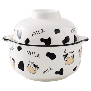 韩式学生饭堂卡通陶瓷个性创意家用饭碗带盖送筷子勺子套装泡面碗