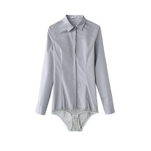 新款连体衬衫长袖连裤衬衣女面试职业工装修身大码弹力OL防走光