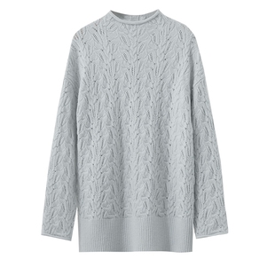 Amii2025冬新款极简纯色宽松中长弹力半高领麻花针织落肩长袖毛衣