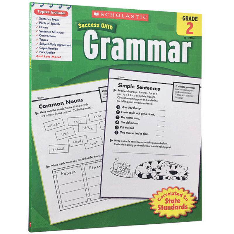 英文原版Scholastic学乐出版 Success with Grammar, Grade 2年级语法练习册学习学校家庭作业趣味题目益智7-9岁英语辅导书
