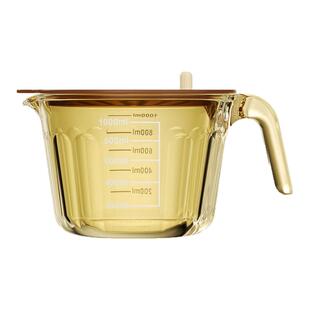 康宁琥珀色玻璃量杯耐高温厨房微波炉专用带盖带刻度早餐牛奶杯