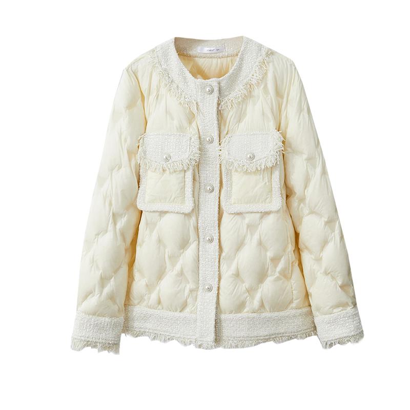 Amii小香风粗花呢羽绒服2025冬新款夹克拼接圆领仿珍珠扣鸭绒外套