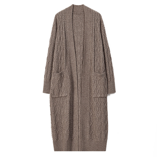 牦牛绒开衫毛衣女士过膝中长款外搭无扣年轻妈妈复古麻花针织外套