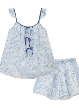 Gukoo/果壳睡衣女春夏条纹新款全棉精梳双层布女士家居服套装B