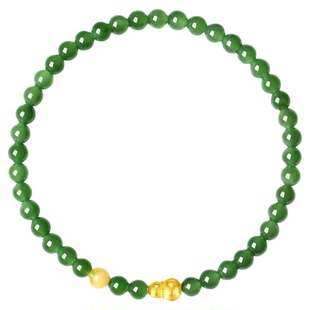 俄罗斯碧玉菠菜绿小米珠18K金葫芦手串女士和田玉无黑点吸金手链