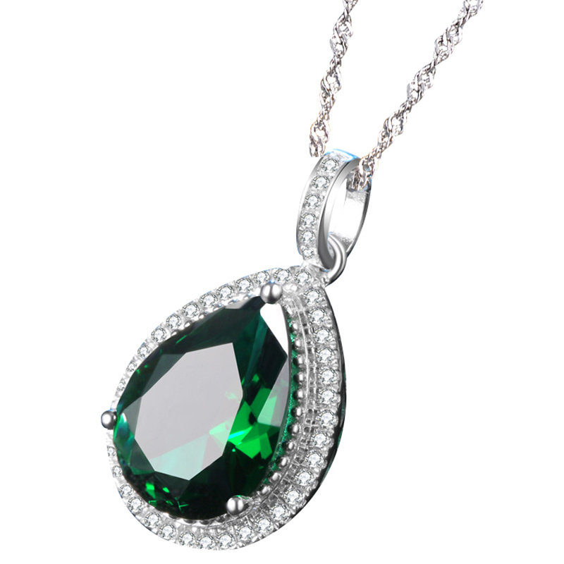祖母绿吊坠女欧美彩宝925纯银镀18k金项坠项链镶嵌彩色宝石珠宝