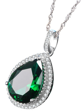 祖母绿吊坠女欧美彩宝925纯银镀18k金项坠项链镶嵌彩色宝石珠宝