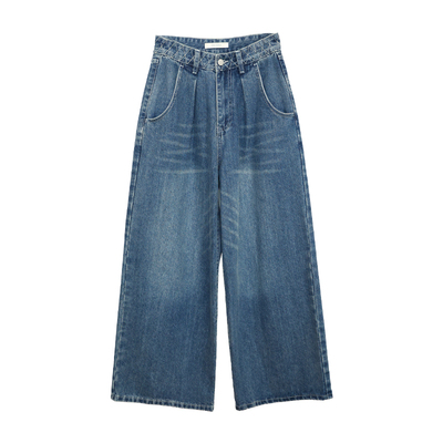 花吉蓝色高腰阔腿复古牛仔裤