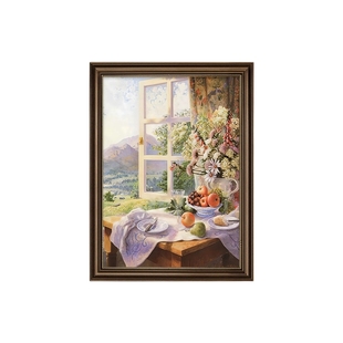 美式山水画玄关装饰画复古油画客厅挂画入户正对门走廊楼梯壁画