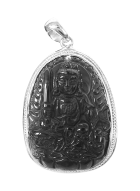 2025蛇年吉祥饰品镶银冰种黑曜石十二生肖本命佛八大守护吊坠鸡鼠