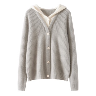 轻奢减龄假两件羊绒连帽开衫女秋冬加厚宽松休闲带帽针织毛衣外套