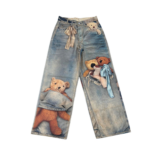 【顶版】ac新款1981m泰迪小熊公仔印花宽松牛仔裤情侣直筒阔腿裤