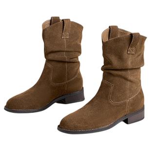 星期六真皮堆堆短靴女新款春季爆款棕色褶皱西部靴粗跟中筒牛仔靴