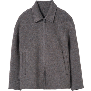 石见山桑蚕丝骆驼绒羊毛双面呢短款大衣男士呢子翻领毛呢夹克外套