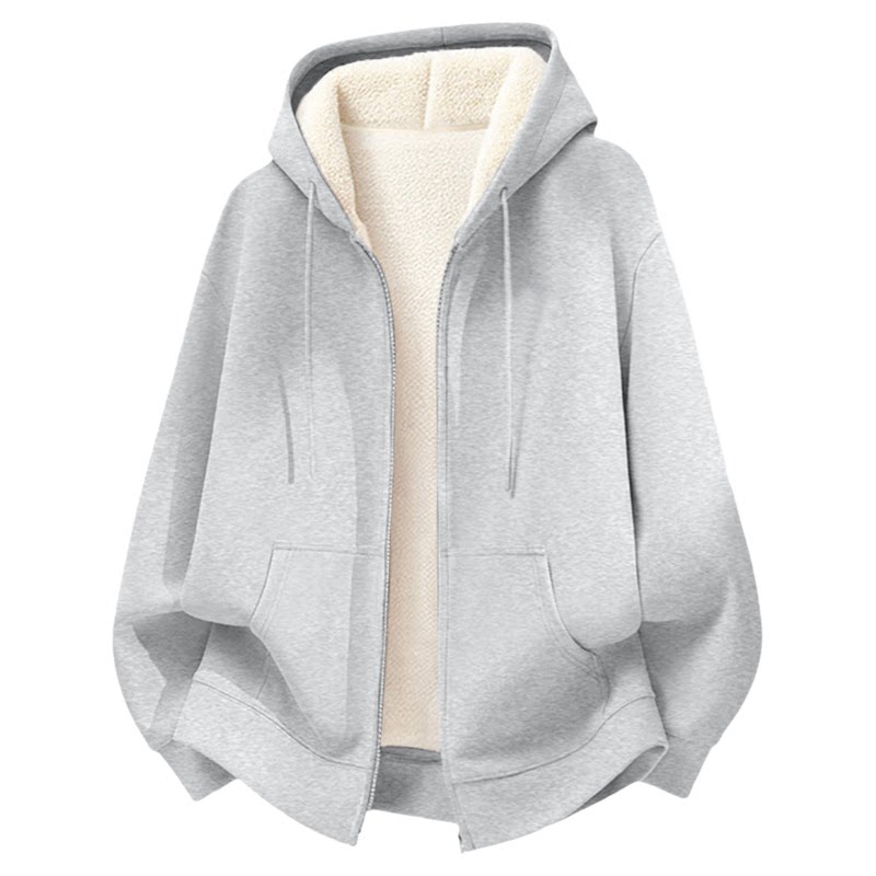 名创优品灰色卫衣女2026新款秋冬加绒厚衣服连帽开衫羊羔毛外套D