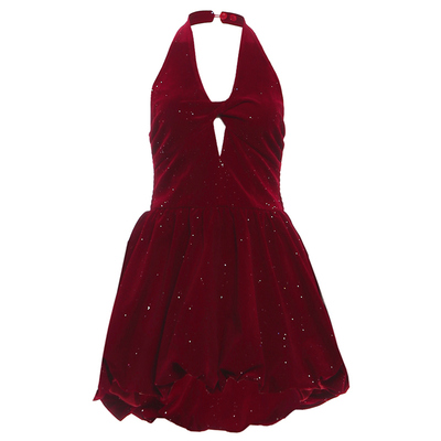 圣诞氛围感扭结镂空挂脖连衣裙女