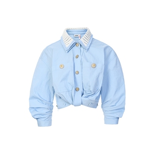 lefame拉飞姆2026春季浅蓝色毛织撞领装饰衬衫上衣